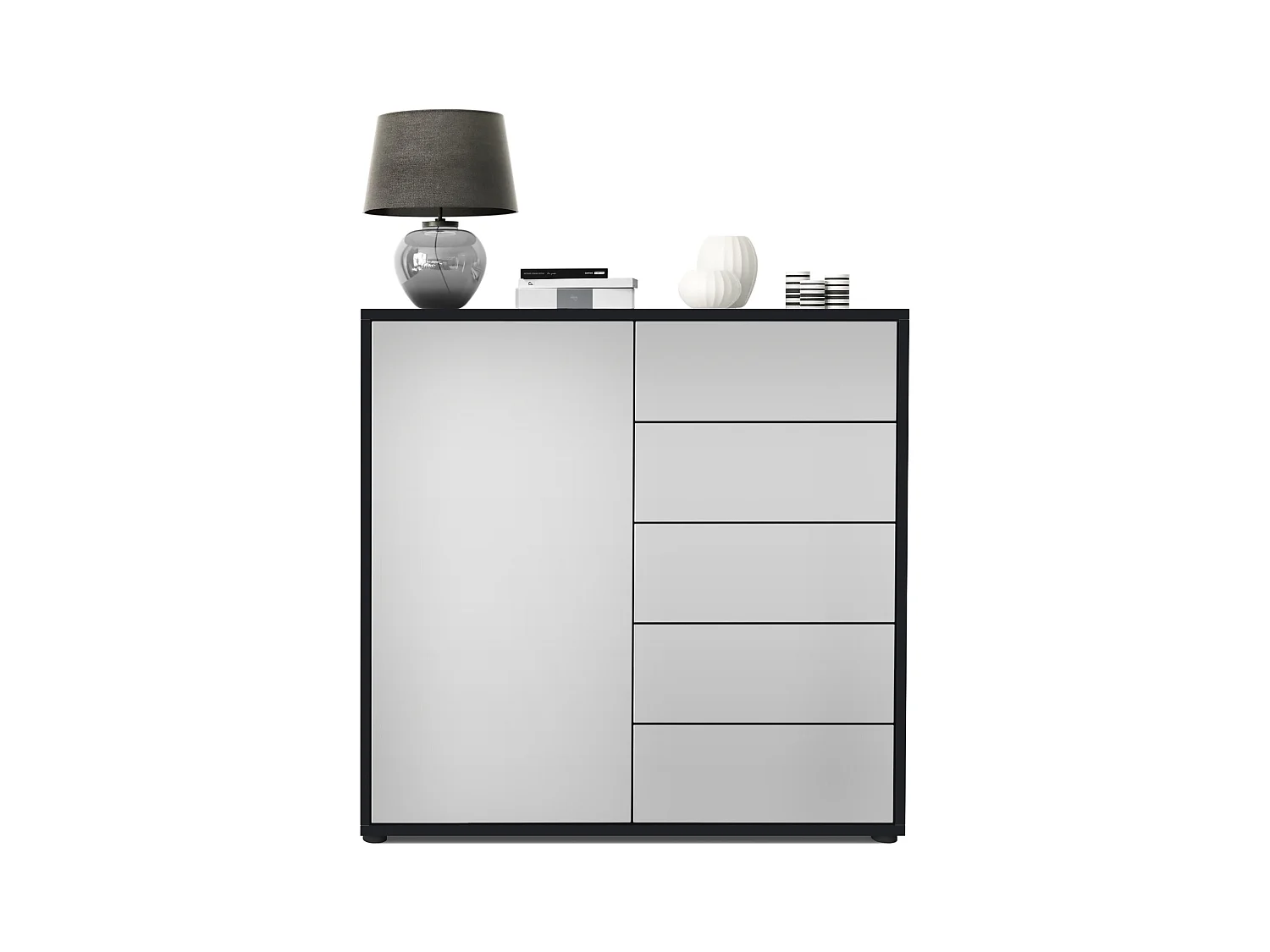 Buffet Ben V2, Commode avec 1 portes et 5 tiroirs, Noir mat/Gris clair satiné mat (79 x 74 x 36 cm)