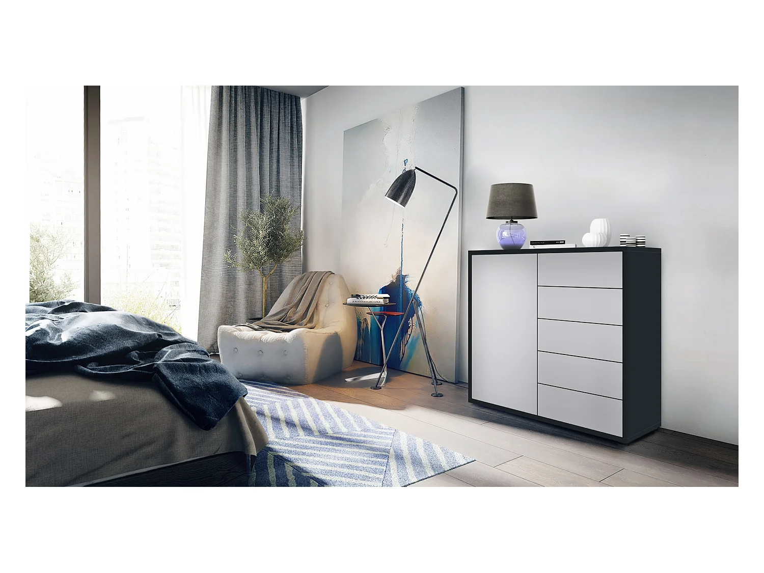 Buffet Ben V2, Commode avec 1 portes et 5 tiroirs, Noir mat/Gris clair satiné mat (79 x 74 x 36 cm)