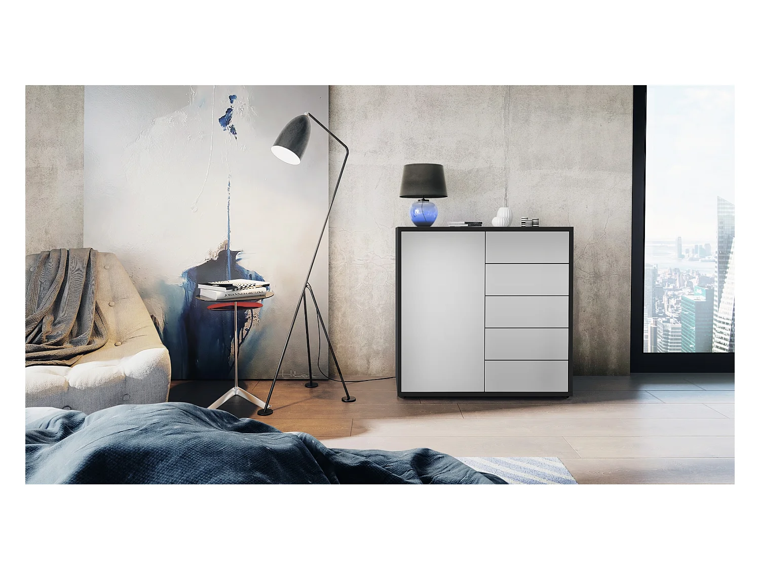 Buffet Ben V2, Commode avec 1 portes et 5 tiroirs, Noir mat/Gris clair satiné mat (79 x 74 x 36 cm)