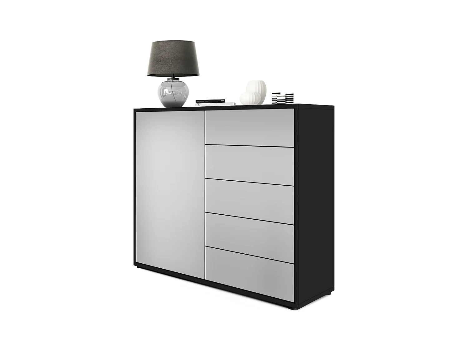 Buffet Ben V2, Commode avec 1 portes et 5 tiroirs, Noir mat/Gris clair satiné mat (79 x 74 x 36 cm)