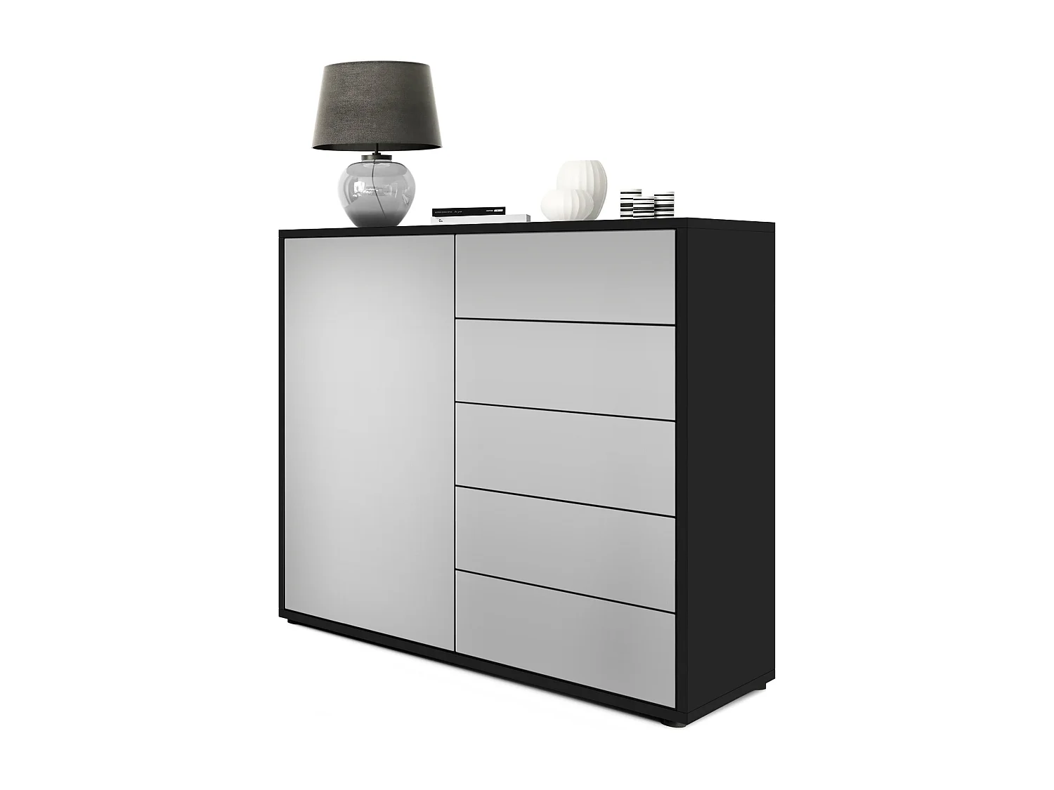 Madia  Ben V2, mobile con 1 anta e 5 cassetti, nero opaco/grigio chiaro satinato (79 x 74 x 36 cm)