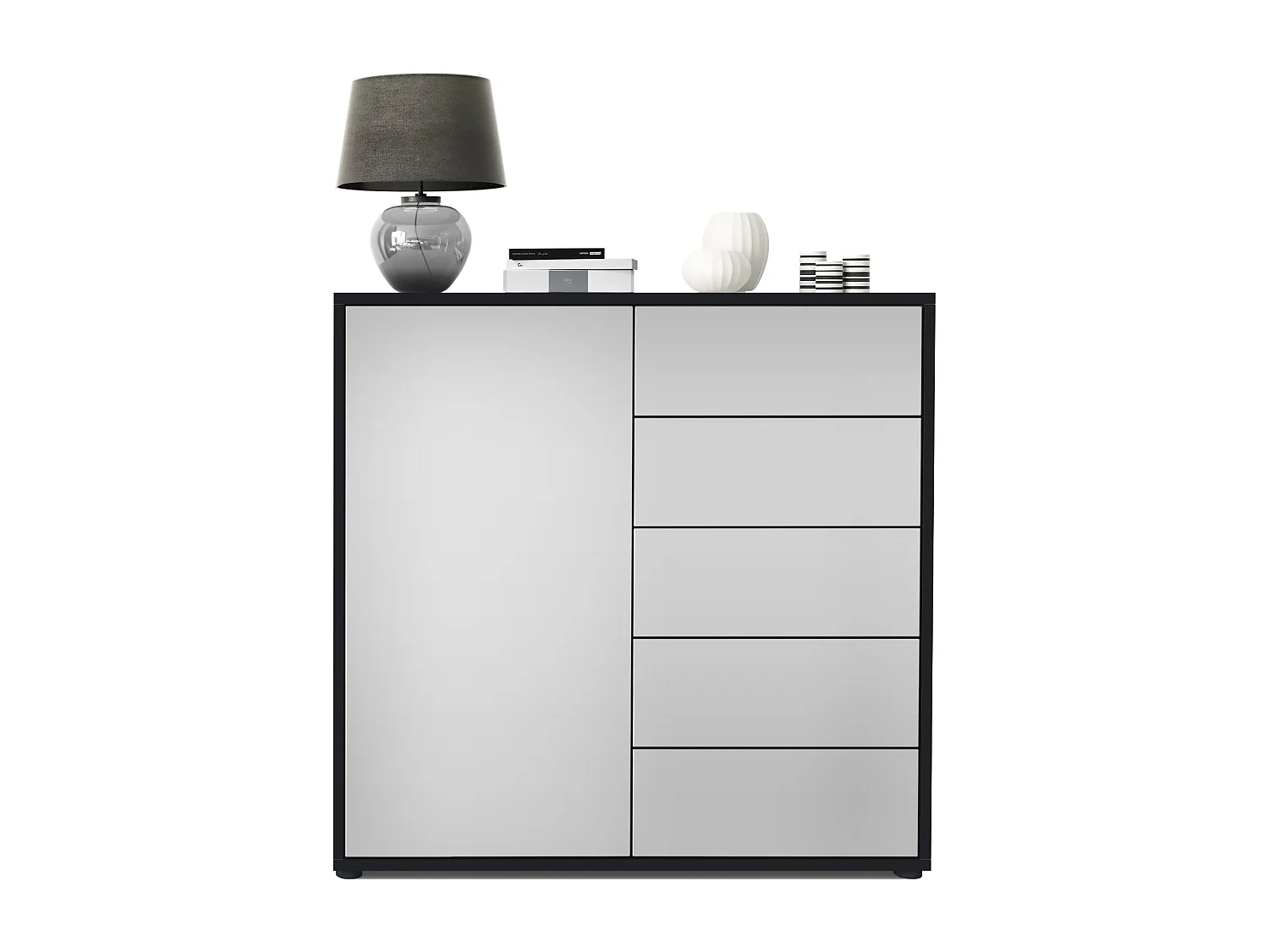 Madia  Ben V2, mobile con 1 anta e 5 cassetti, nero opaco/grigio chiaro satinato (79 x 74 x 36 cm)