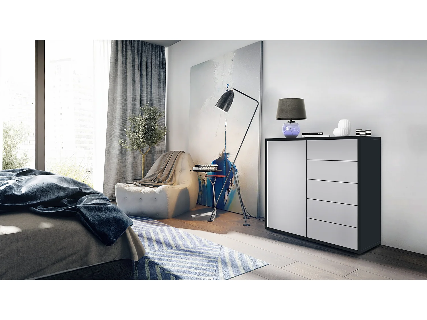 Madia  Ben V2, mobile con 1 anta e 5 cassetti, nero opaco/grigio chiaro satinato (79 x 74 x 36 cm)