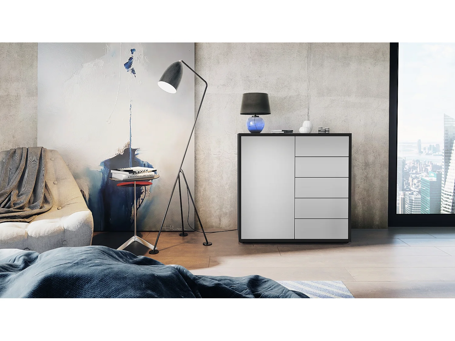 Madia  Ben V2, mobile con 1 anta e 5 cassetti, nero opaco/grigio chiaro satinato (79 x 74 x 36 cm)