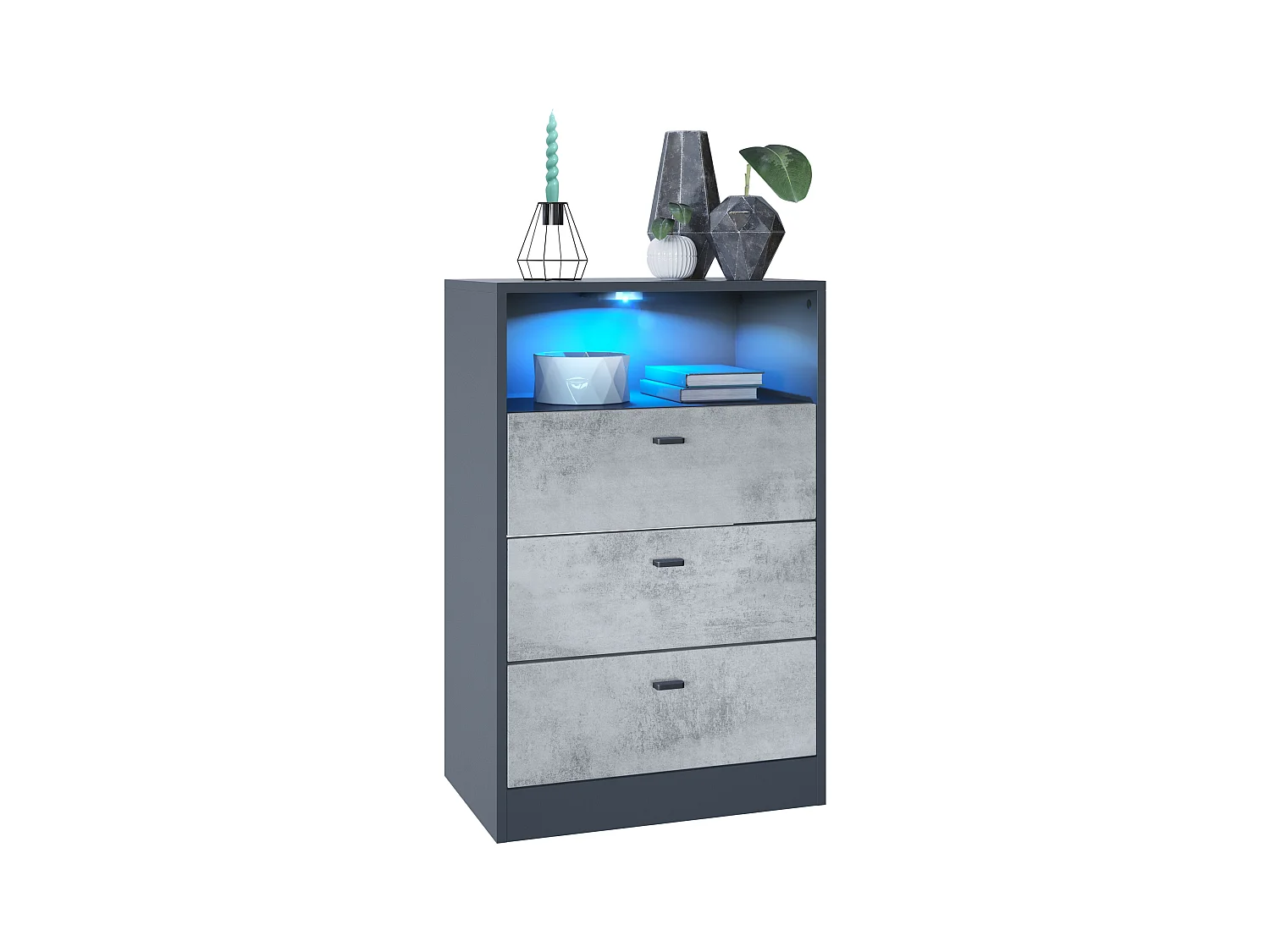 Commode Buffet Pino V2, avec 3 tiroirs & 1 compartiment ouvert, Anthracite mat /Aspect Béton Oxyde avec éclairage LED RVB (56 x 86,5 x 36 cm)
