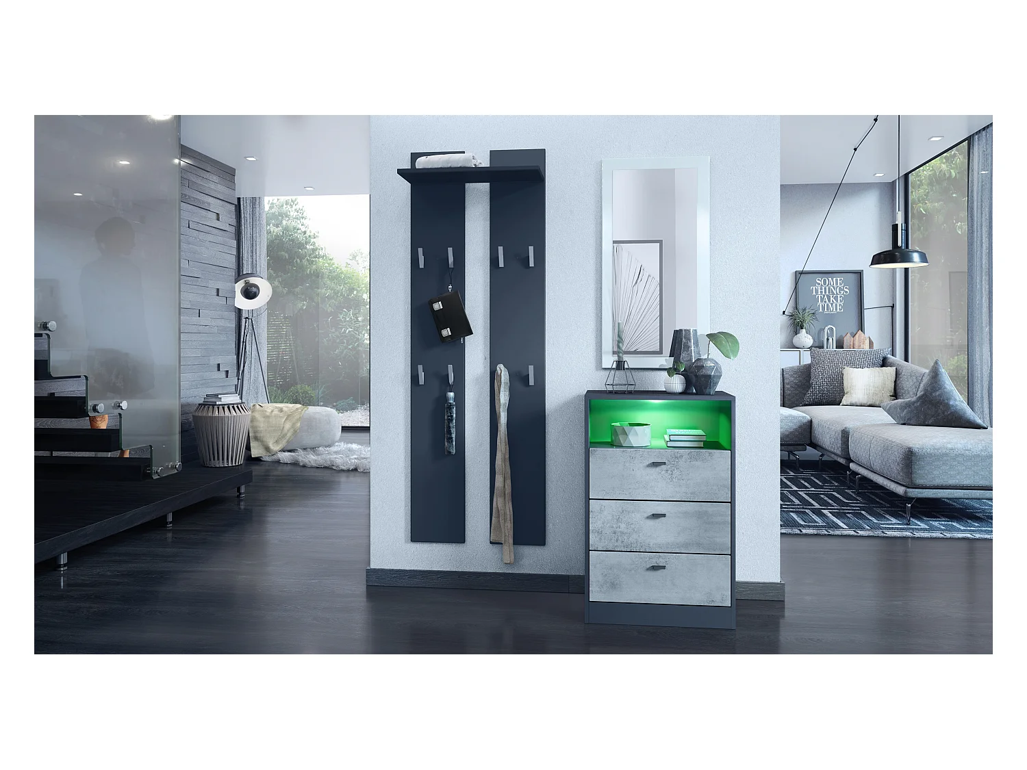 Commode Buffet Pino V2, avec 3 tiroirs & 1 compartiment ouvert, Anthracite mat /Aspect Béton Oxyde avec éclairage LED RVB (56 x 86,5 x 36 cm)