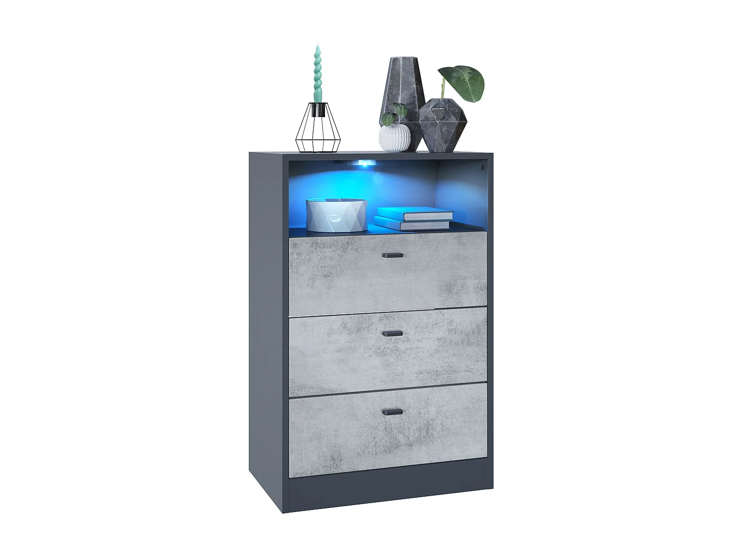 Cassettiera Pino V2, Credenza con 3 cassetti e 1 vano a giorno, Antracite opaco/Ossido di cemento con LED RGB (56 x 86,5 x 36 cm)