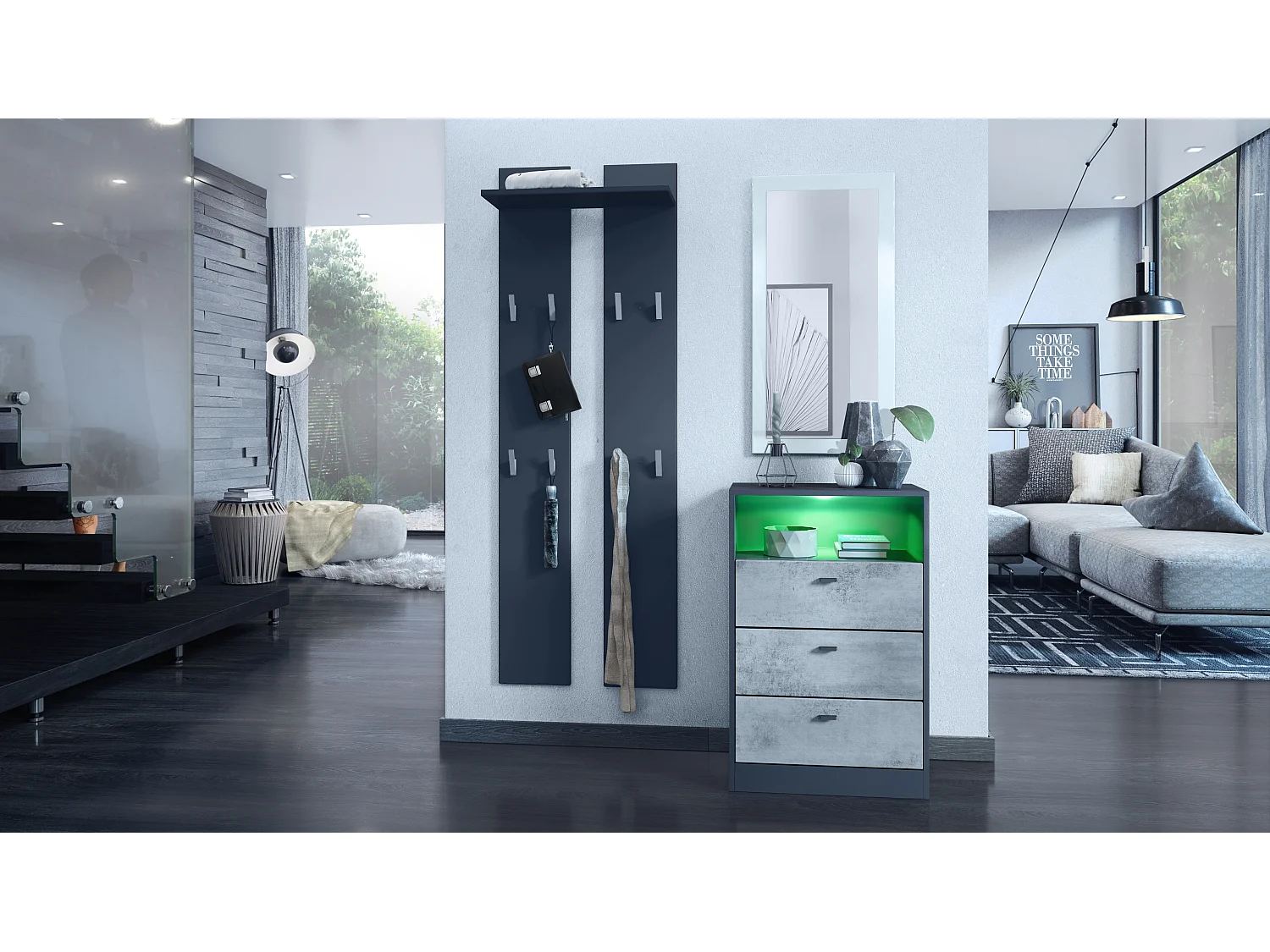 Cassettiera Pino V2, Credenza con 3 cassetti e 1 vano a giorno, Antracite opaco/Ossido di cemento con LED RGB (56 x 86,5 x 36 cm)