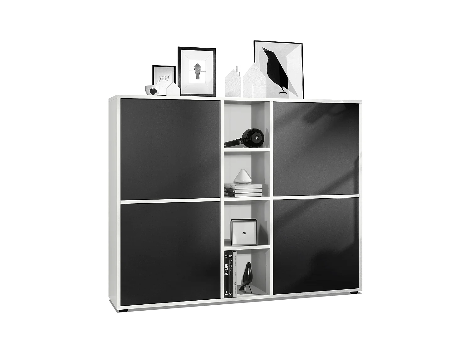Highboard Cuba V3, blanc mat/noir mat - Buffet moderne à 12 compartiments (130,5 x 105,5 x 35,5 cm)