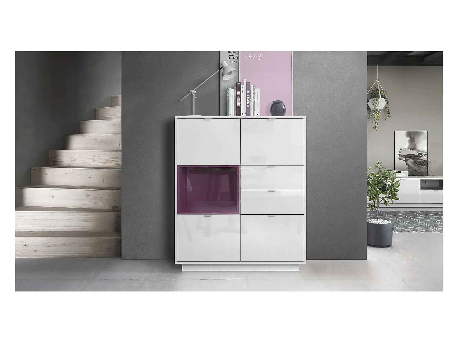 Buffet haut Armoire Metro, Corps en Blanc haute brillance / Façades en Blanc haute brillance avec une insertion en Mûre haute brillance, incl. L'éclairage LED