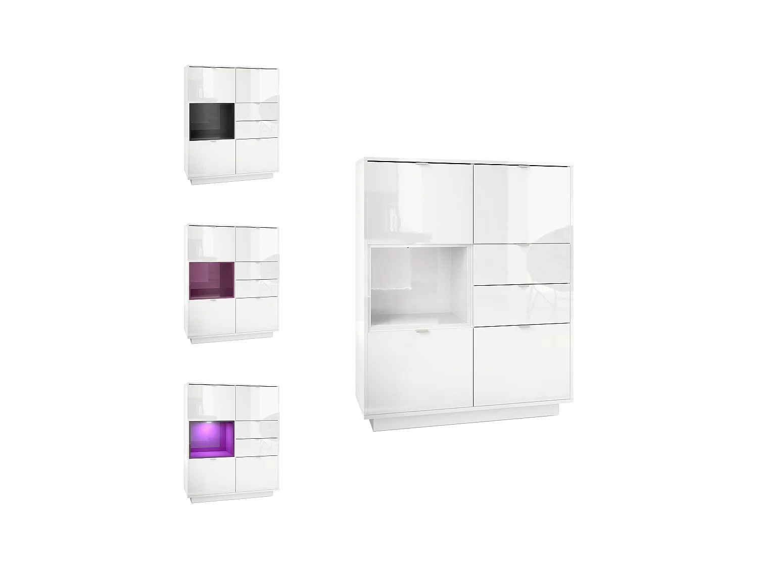 Buffet haut Armoire Metro, Corps en Blanc haute brillance / Façades en Blanc haute brillance avec une insertion en Mûre haute brillance, incl. L'éclairage LED