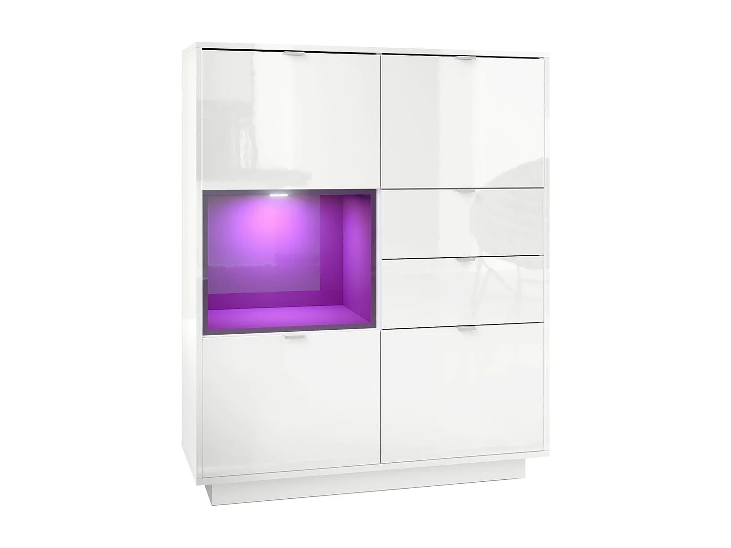 Buffet haut Armoire Metro, Corps en Blanc haute brillance / Façades en Blanc haute brillance avec une insertion en Mûre haute brillance, incl. L'éclairage LED