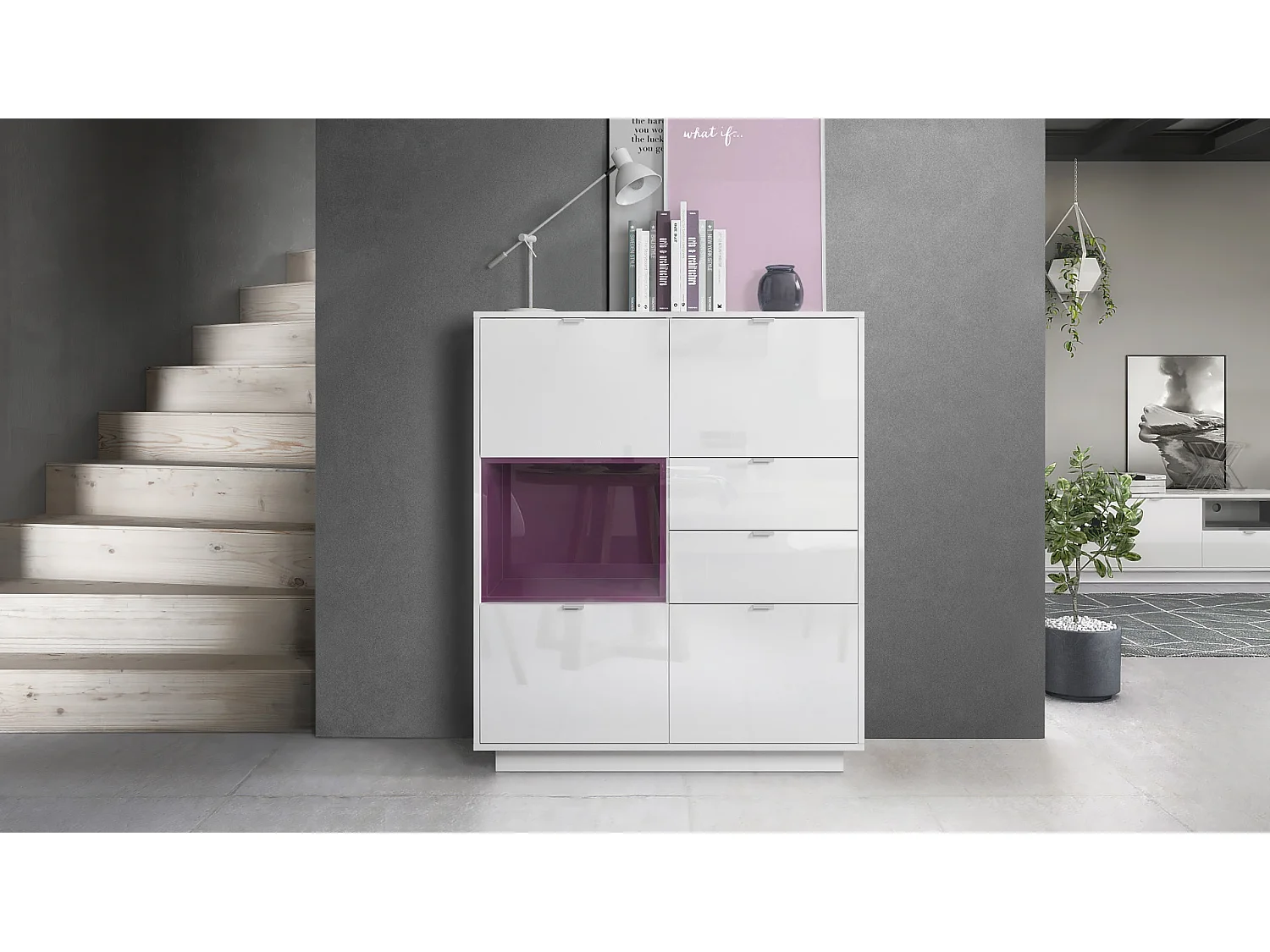 Buffet haut Armoire Metro, Corps en Blanc haute brillance / Façades en Blanc haute brillance avec une insertion en Mûre haute brillance, incl. L'éclairage LED