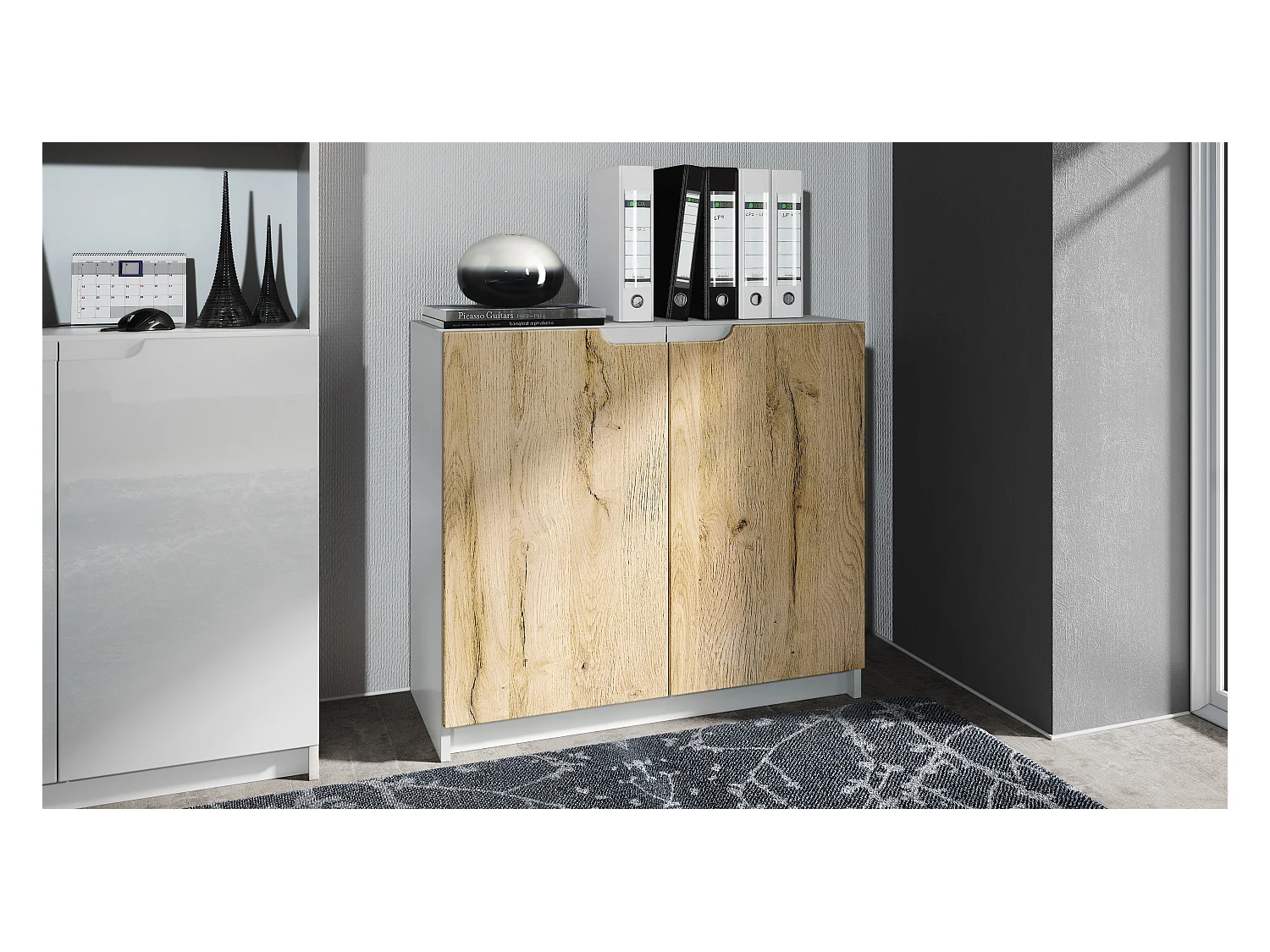 Buffet Logan, Commode avec 2 portes, blanc mat/chêne nature (82 x 78 x 37 cm)