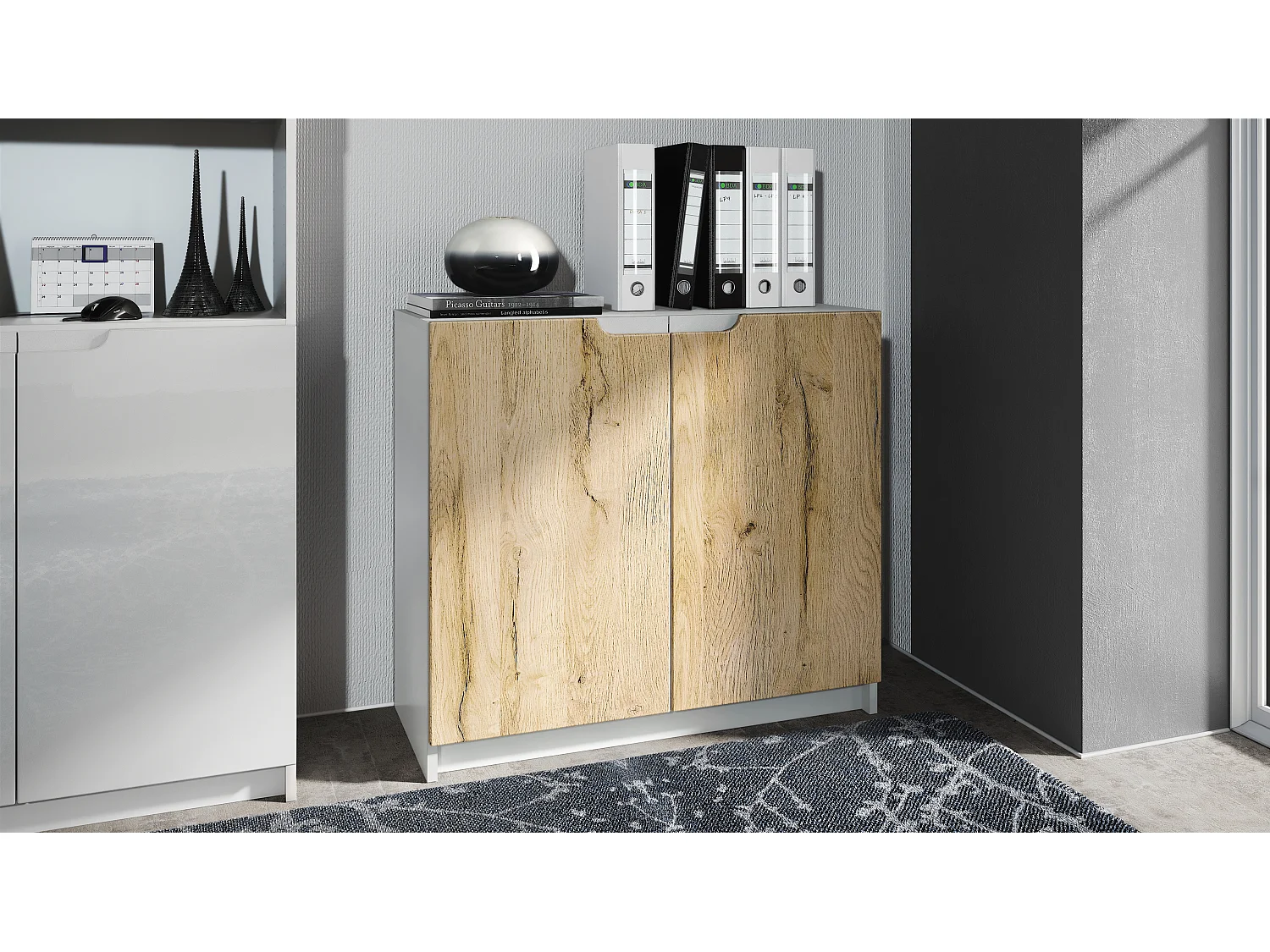 Cajonera Logan, Cómoda con 2 Puertas, blanco mate/roble natural (82 x 78 x 37 cm)