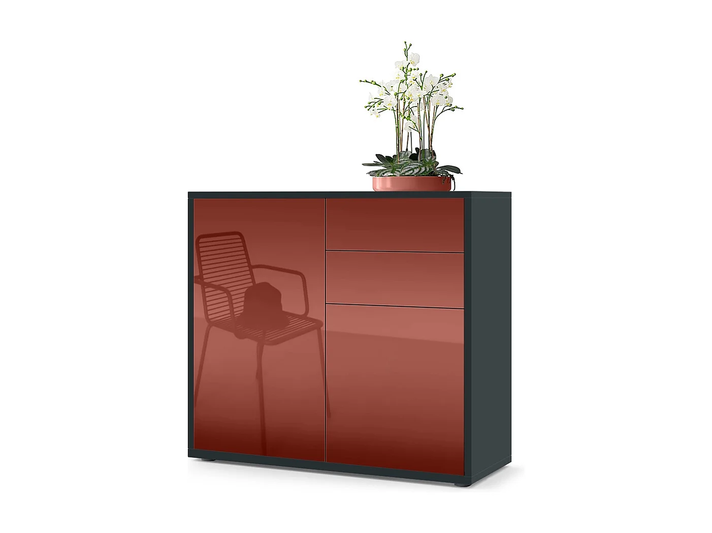 Buffet Ben, Commode avec 2 portes et 2 tiroirs, Noir mat/Bordeaux haute brillance (79 x 74 x 36 cm)