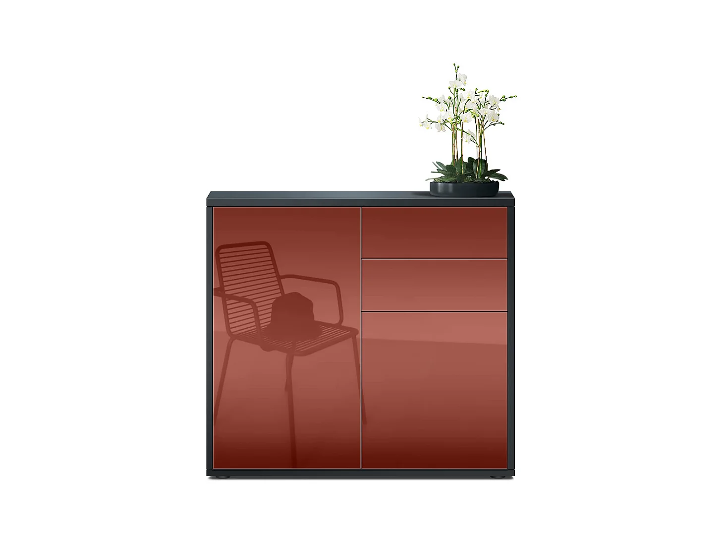 Buffet Ben, Commode avec 2 portes et 2 tiroirs, Noir mat/Bordeaux haute brillance (79 x 74 x 36 cm)