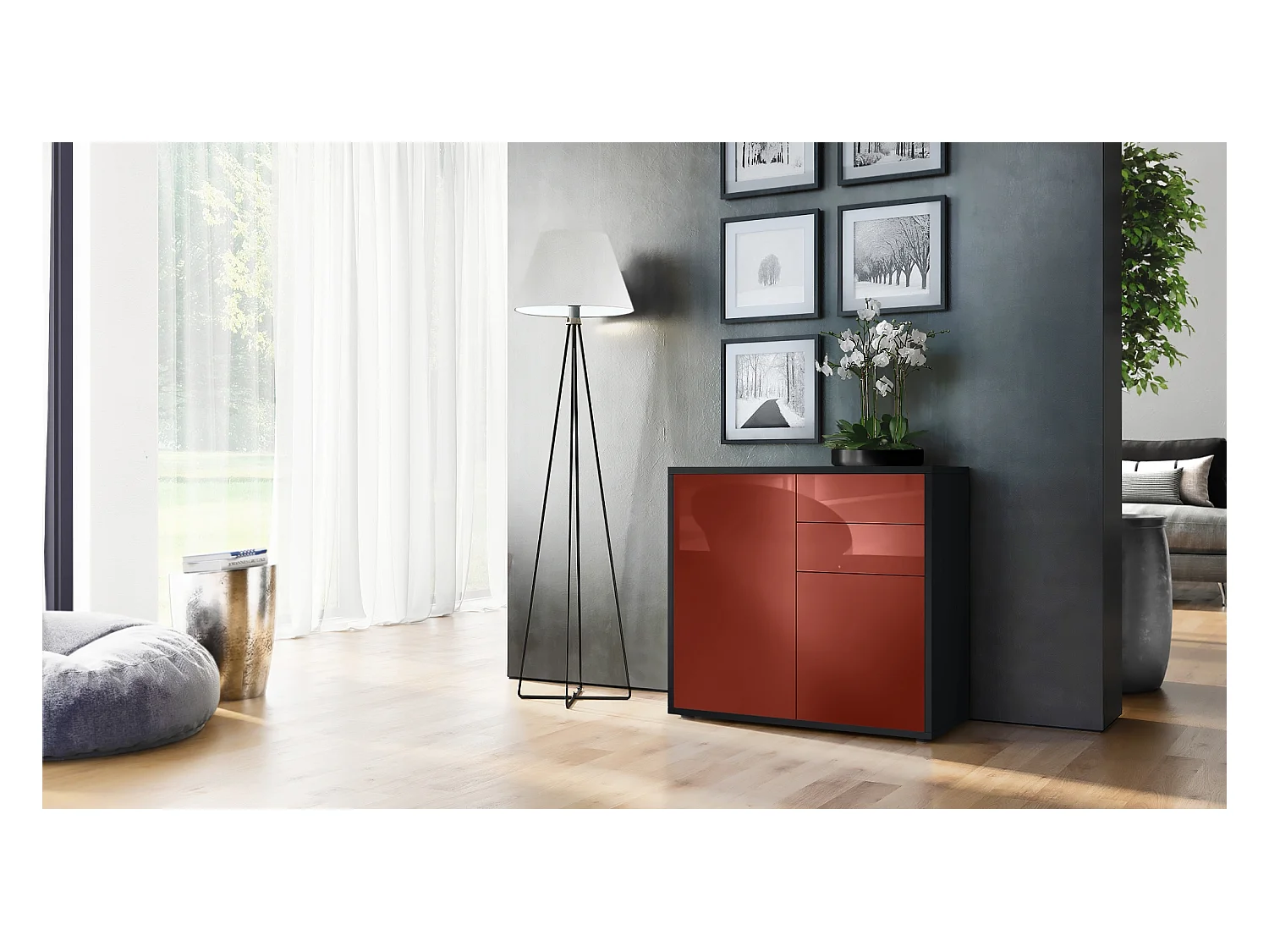 Buffet Ben, Commode avec 2 portes et 2 tiroirs, Noir mat/Bordeaux haute brillance (79 x 74 x 36 cm)