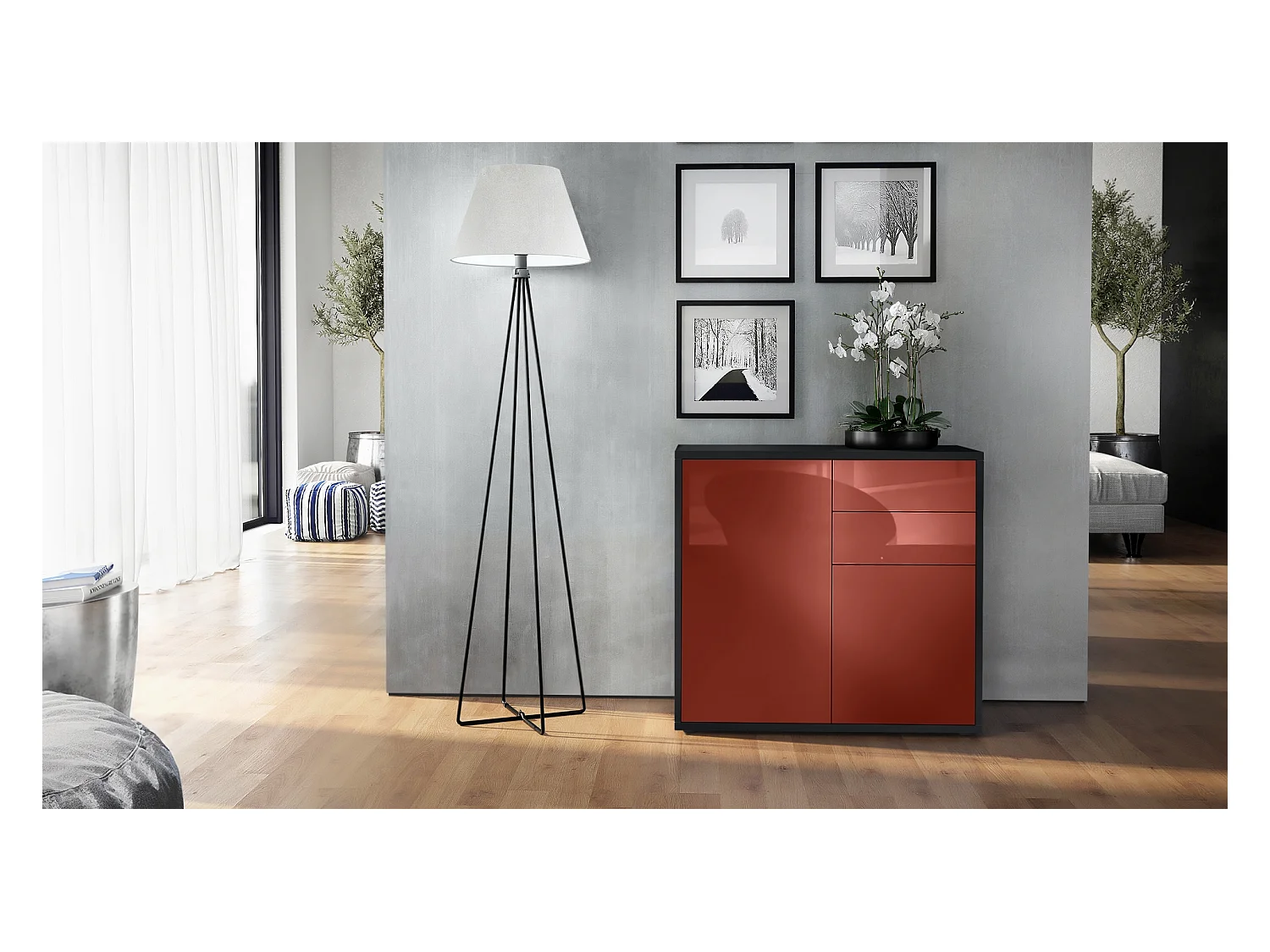 Buffet Ben, Commode avec 2 portes et 2 tiroirs, Noir mat/Bordeaux haute brillance (79 x 74 x 36 cm)