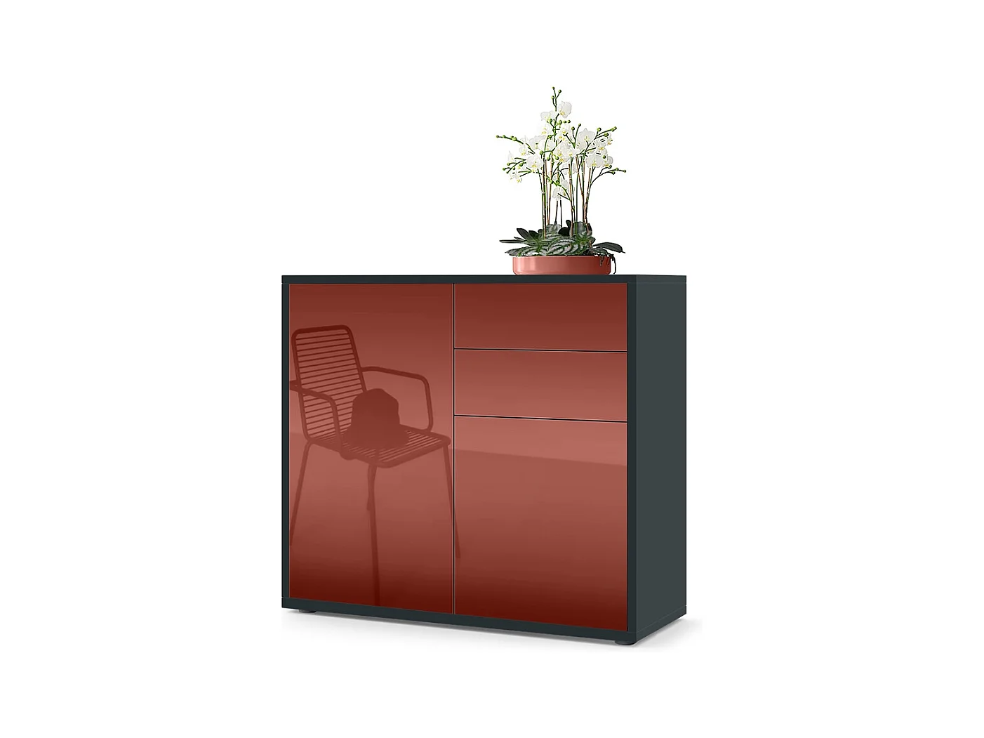 Buffet Ben, Commode avec 2 portes et 2 tiroirs, Noir mat/Bordeaux haute brillance (79 x 74 x 36 cm)