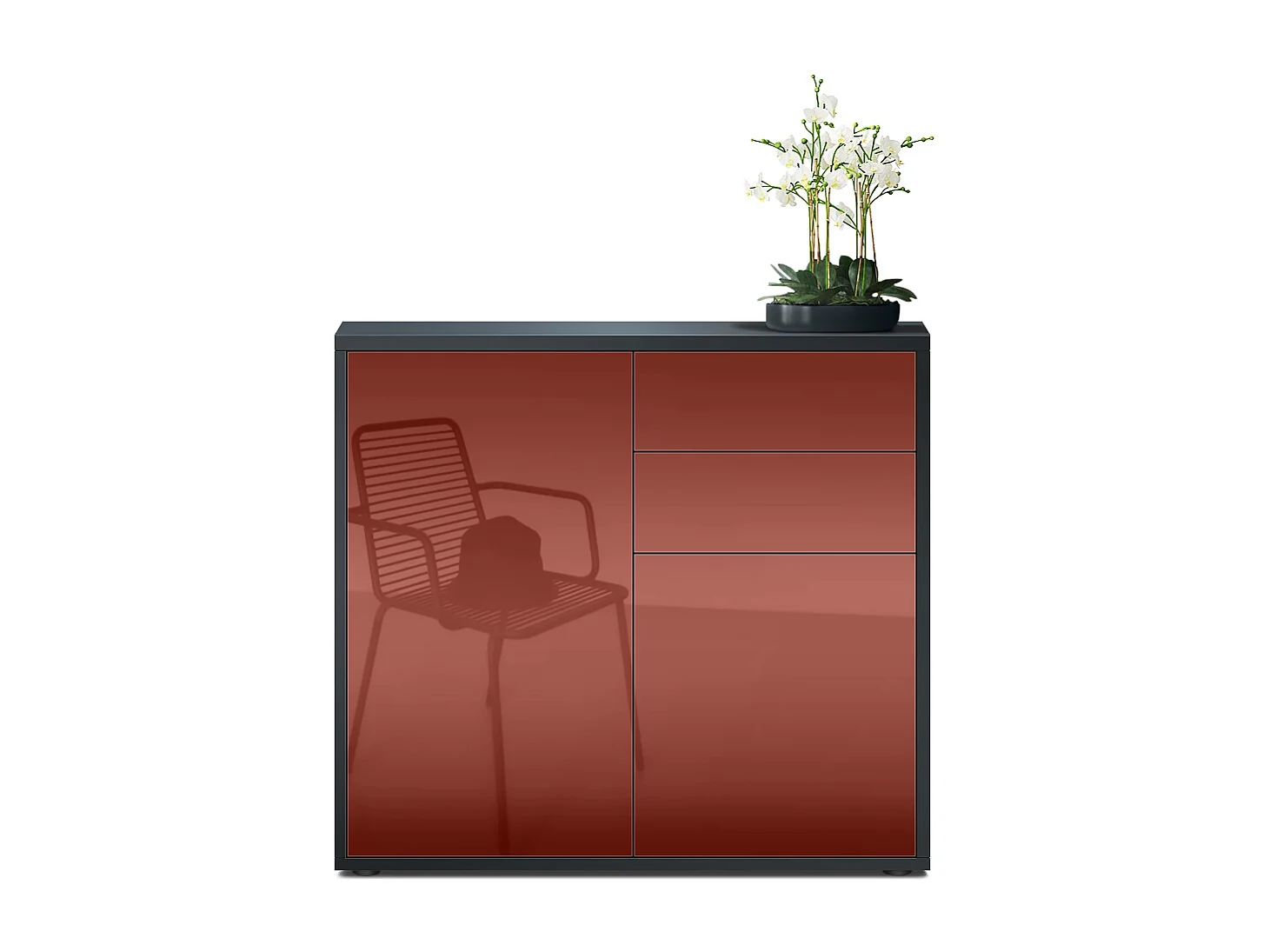 Madia  Ben, mobile con 2 ante e 2 cassetti, nero opaco/bordeaux lucido (79 x 74 x 36 cm)