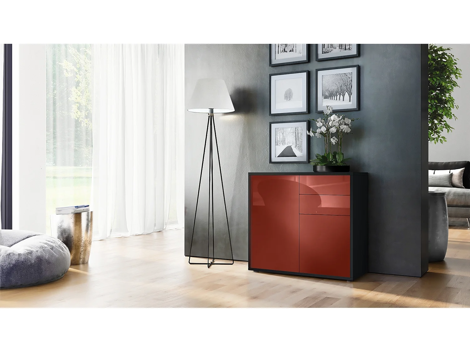 Madia  Ben, mobile con 2 ante e 2 cassetti, nero opaco/bordeaux lucido (79 x 74 x 36 cm)