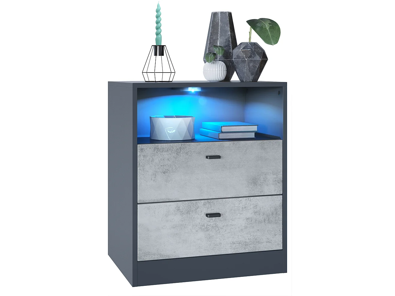 Buffet Pino V1, table de chevet avec 2 tiroirs & 1 compartiment ouvert, Anthracite mat/Aspect Béton Oxyde avec éclairage LED RVB (56 x 67,5 x 36 cm)