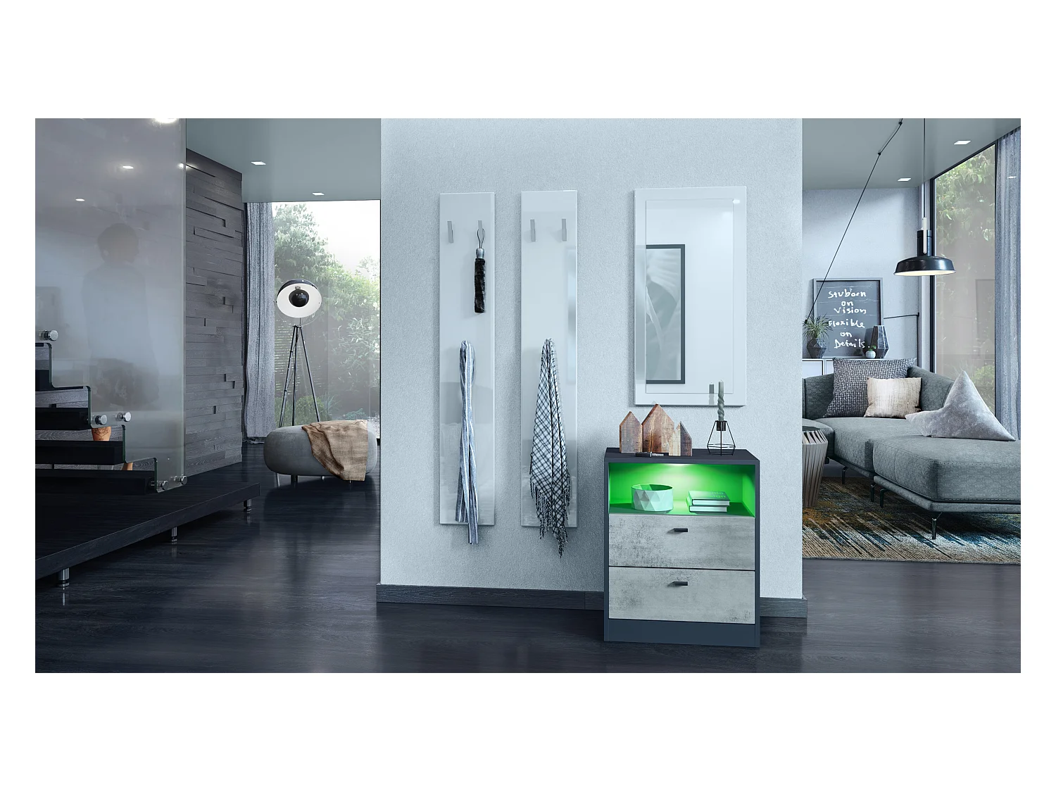 Buffet Pino V1, table de chevet avec 2 tiroirs & 1 compartiment ouvert, Anthracite mat/Aspect Béton Oxyde avec éclairage LED RVB (56 x 67,5 x 36 cm)