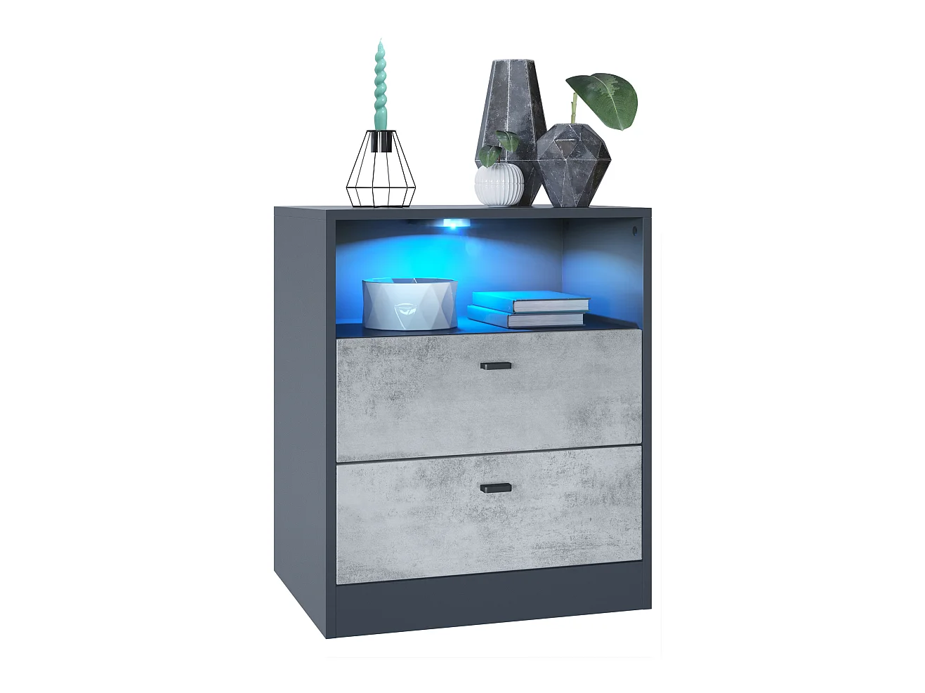 Buffet Pino V1, table de chevet avec 2 tiroirs & 1 compartiment ouvert, Anthracite mat/Aspect Béton Oxyde avec éclairage LED RVB (56 x 67,5 x 36 cm)