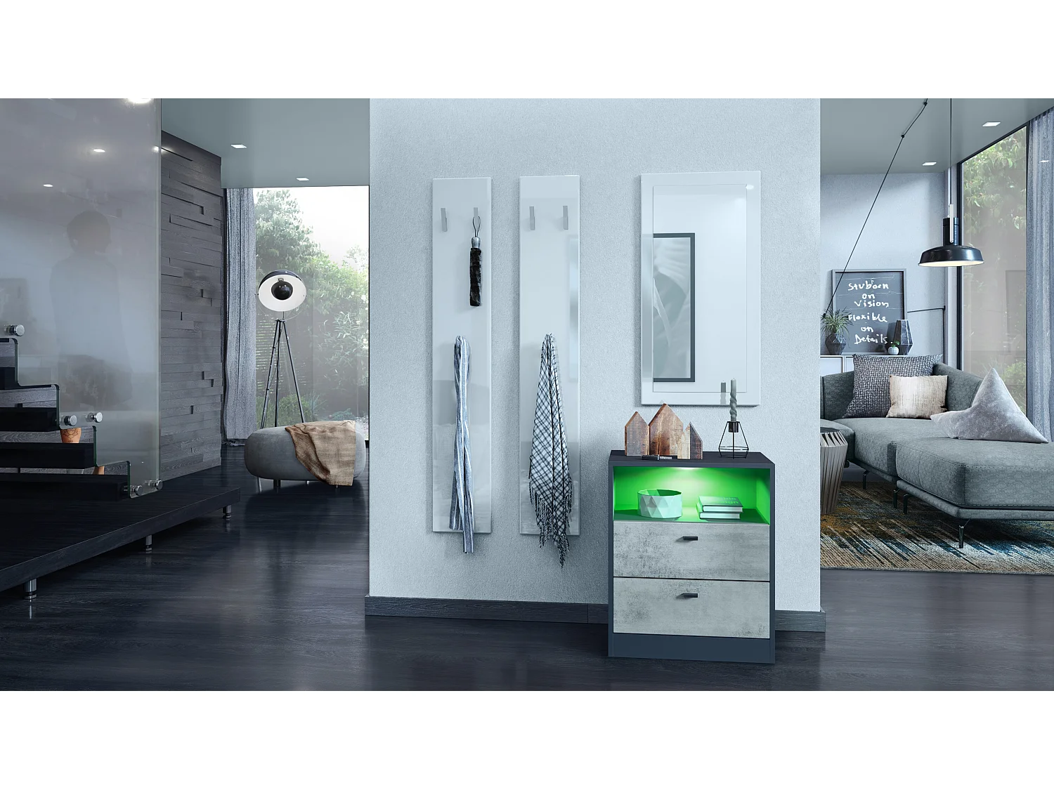 Cassettiera Pino V1, Comodino con 2 cassetti e 1 vano a giorno, Antracite opaco/Ossido di cemento con LED RGB (56 x 67,5 x 36 cm)