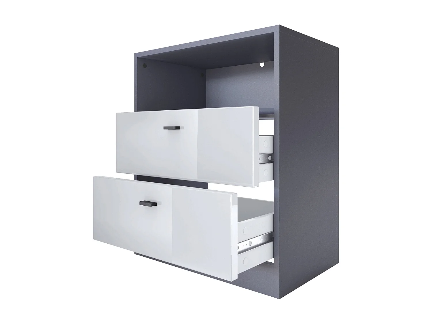 Cassettiera Pino V1, Comodino con 2 cassetti e 1 vano a giorno, Antracite opaco/Ossido di cemento con LED RGB (56 x 67,5 x 36 cm)