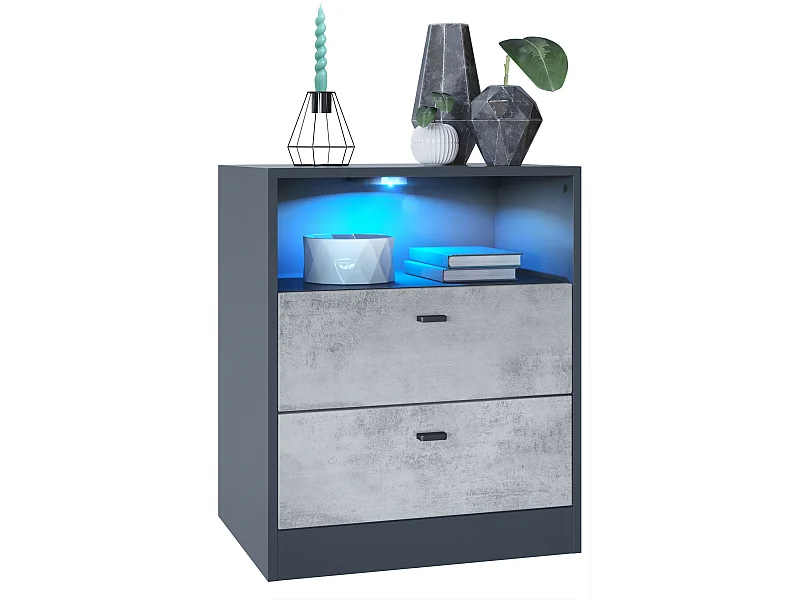Buffet Pino V1, table de chevet avec 2 tiroirs & 1 compartiment ouvert, Anthracite mat/Aspect Béton Oxyde avec éclairage LED RVB (56 x 67,5 x 36 cm)