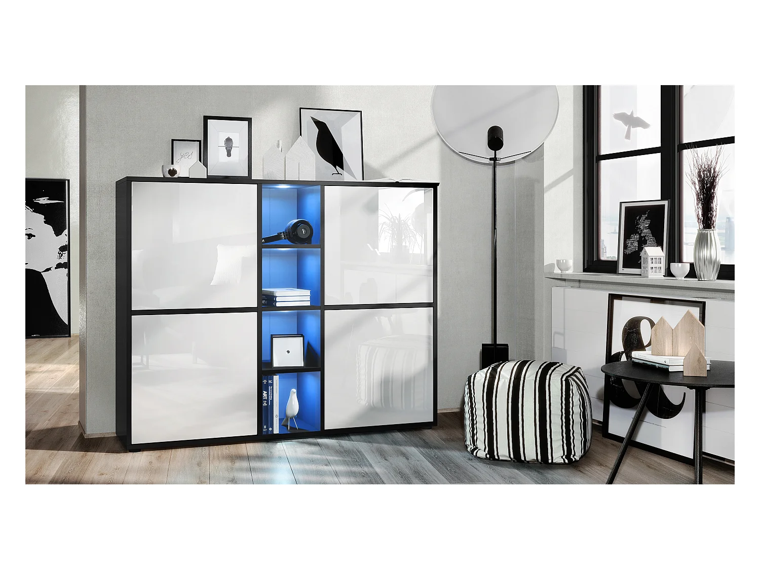 Highboard Cuba V3, noir mat/blanc haute brillance y compris LED - Buffet moderne à 12 compartiments (130,5 x 105,5 x 35,5 cm)