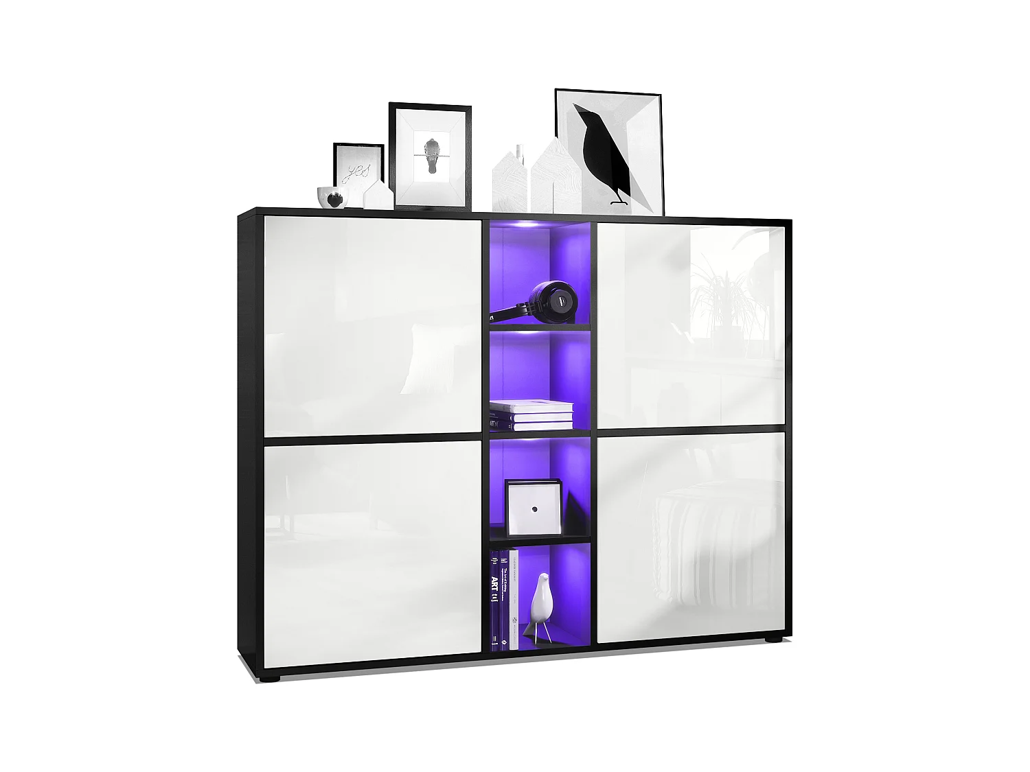 Highboard Cuba V3, noir mat/blanc haute brillance y compris LED - Buffet moderne à 12 compartiments (130,5 x 105,5 x 35,5 cm)