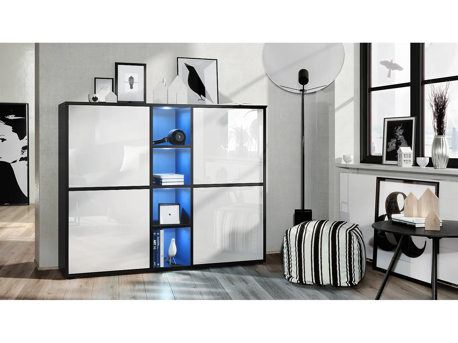 Highboard Cuba V3, noir mat/blanc haute brillance y compris LED - Buffet moderne à 12 compartiments (130,5 x 105,5 x 35,5 cm)