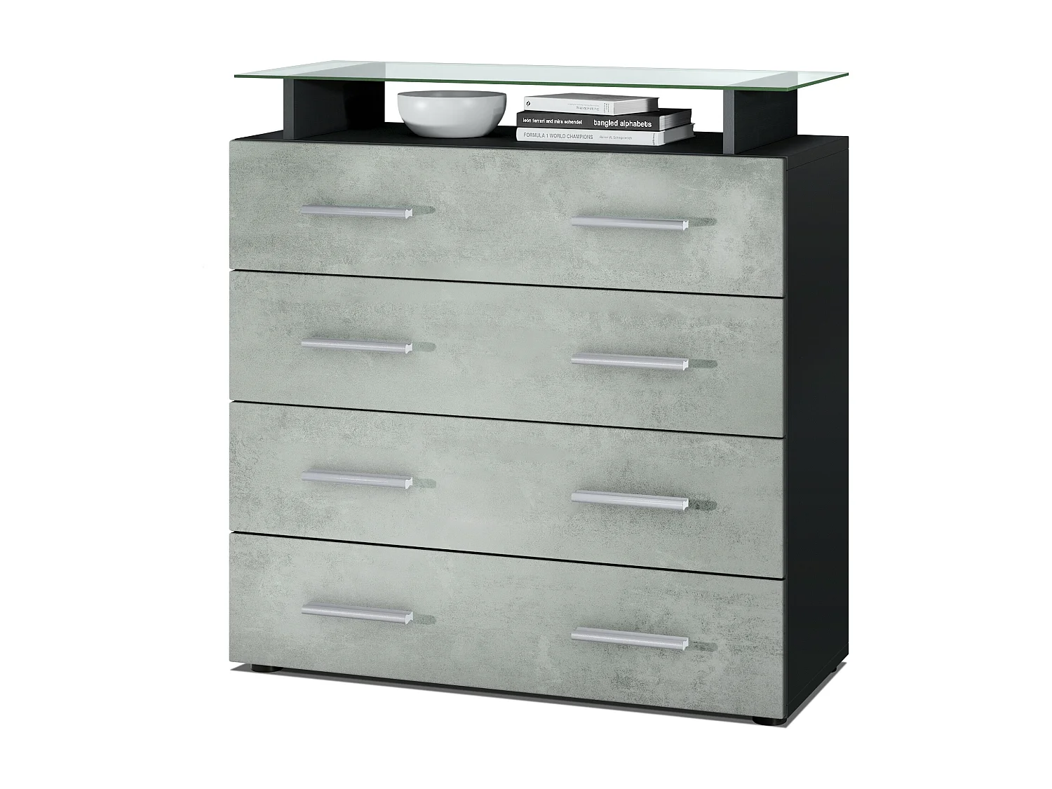 Buffet Pavos V2, Commode avec 4 tiroirs et mini-étagère en verre, noir mat/aspect béton oxyde (76 x 81 x 35 cm)