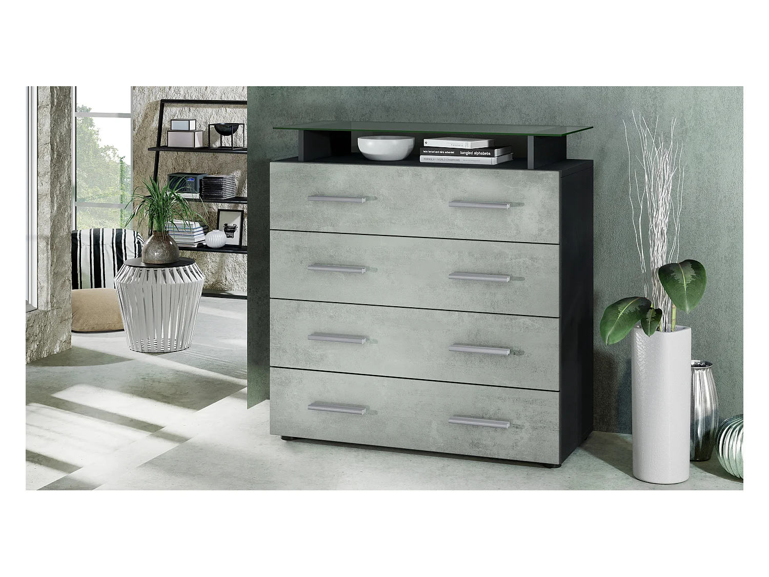 Buffet Pavos V2, Commode avec 4 tiroirs et mini-étagère en verre, noir mat/aspect béton oxyde (76 x 81 x 35 cm)