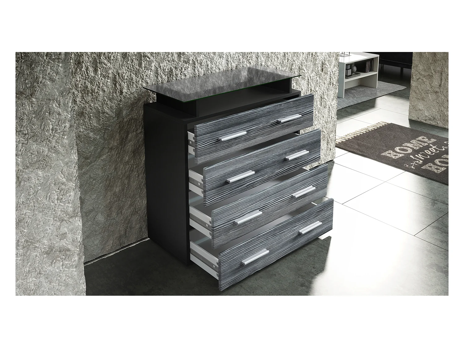 Buffet Pavos V2, Commode avec 4 tiroirs et mini-étagère en verre, noir mat/aspect béton oxyde (76 x 81 x 35 cm)