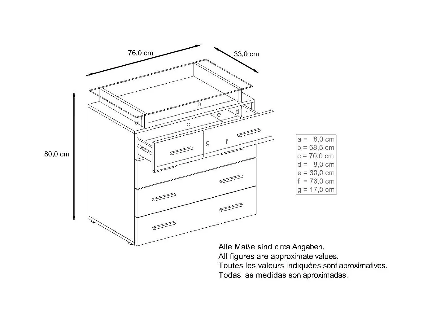 Buffet Pavos V2, Commode avec 4 tiroirs et mini-étagère en verre, noir mat/aspect béton oxyde (76 x 81 x 35 cm)