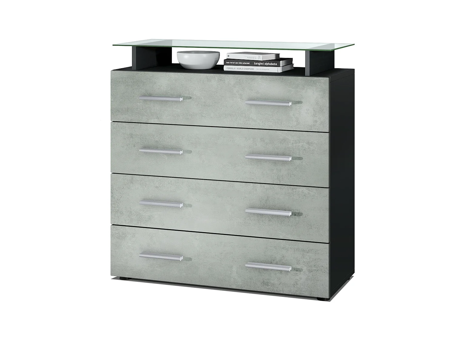 Buffet Pavos V2, Commode avec 4 tiroirs et mini-étagère en verre, noir mat/aspect béton oxyde (76 x 81 x 35 cm)