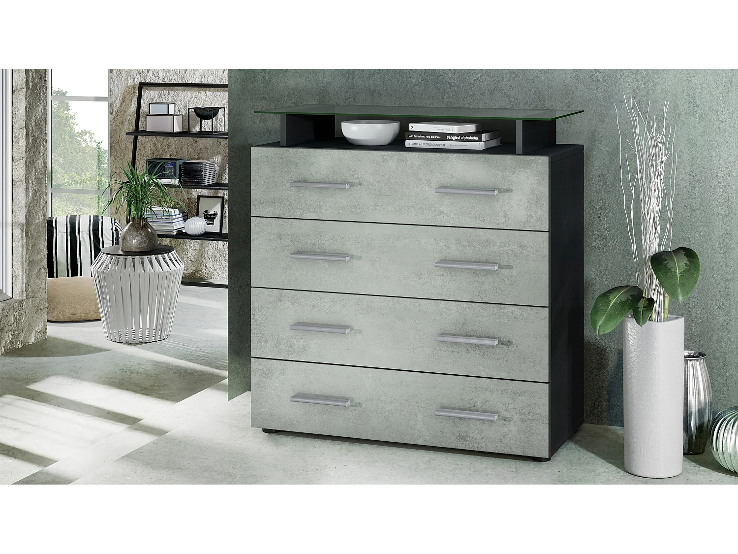 Vladon Madia Pavos V2, Mobile con 4 cassetti e ripiano in vetro, nero opaco/ottica cermento ossido (76 x 81 x 35 cm)