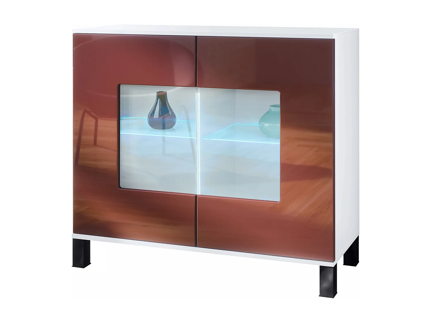 Commode Grömitz V3, Armoire de cuisine moderne avec 2 grandes portes vitrées incl. éclairage RGB blanc mat / bordeaux haute brillance (92,5 x 84.5 x 35)