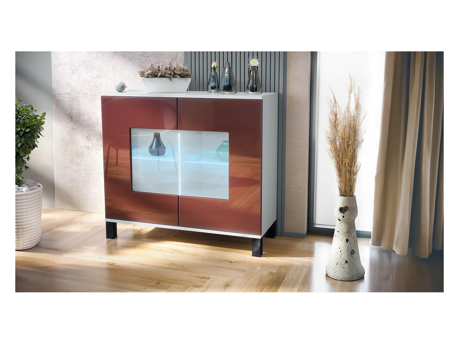 Commode Grömitz V3, Armoire de cuisine moderne avec 2 grandes portes vitrées incl. éclairage RGB blanc mat / bordeaux haute brillance (92,5 x 84.5 x 35)