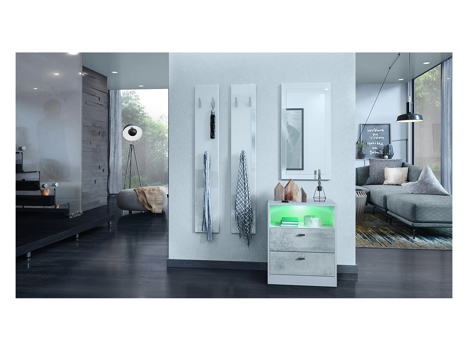 Buffet Pino V1, table de chevet avec 2 tiroirs & 1 compartiment ouvert,blanche mat/Aspect Béton Oxyde avec éclairage LED RVB (56 x 67,5 x 36 cm)