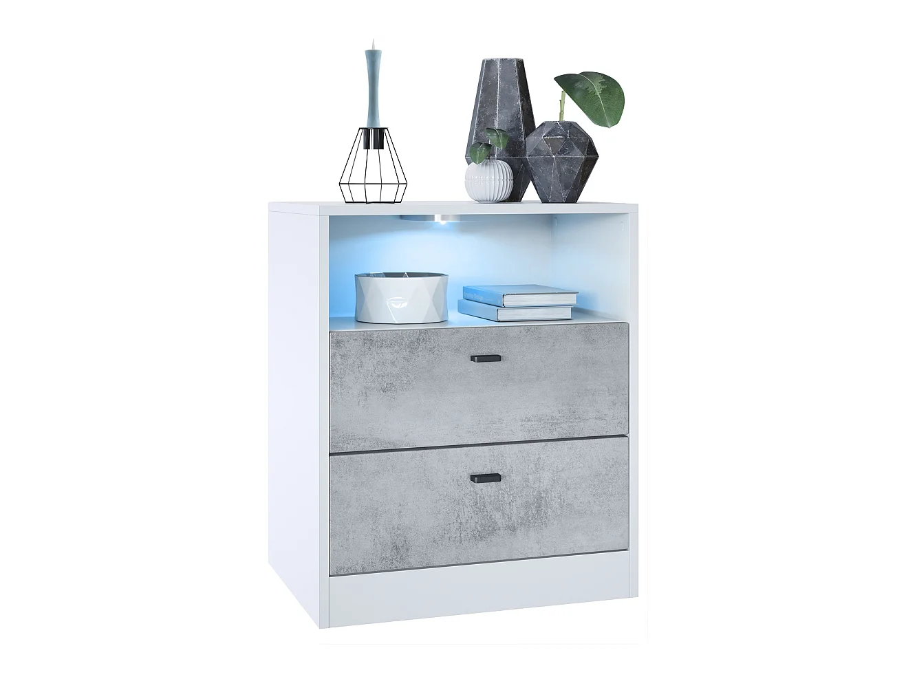 Buffet Pino V1, table de chevet avec 2 tiroirs & 1 compartiment ouvert,blanche mat/Aspect Béton Oxyde avec éclairage LED RVB (56 x 67,5 x 36 cm)