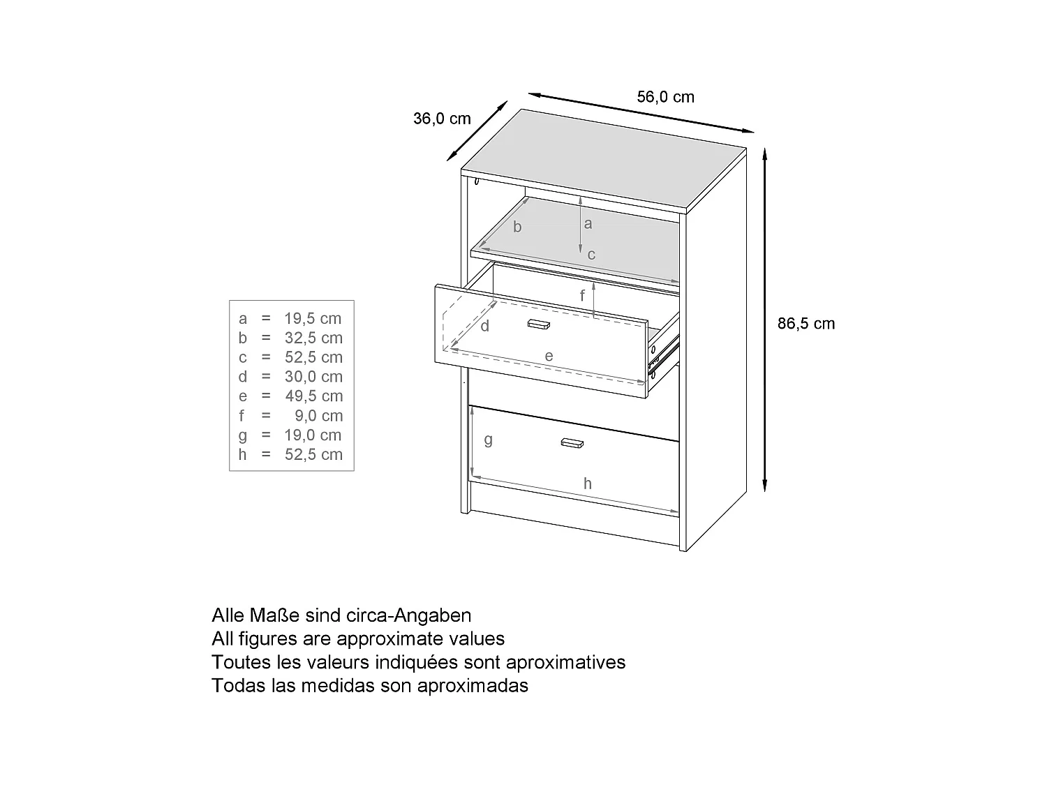 Commode Buffet Pino V2, avec 3 tiroirs & 1 compartiment ouvert, Anthracite mat /Blanc haute brillance avec éclairage LED RVB (56 x 86,5 x 36 cm)