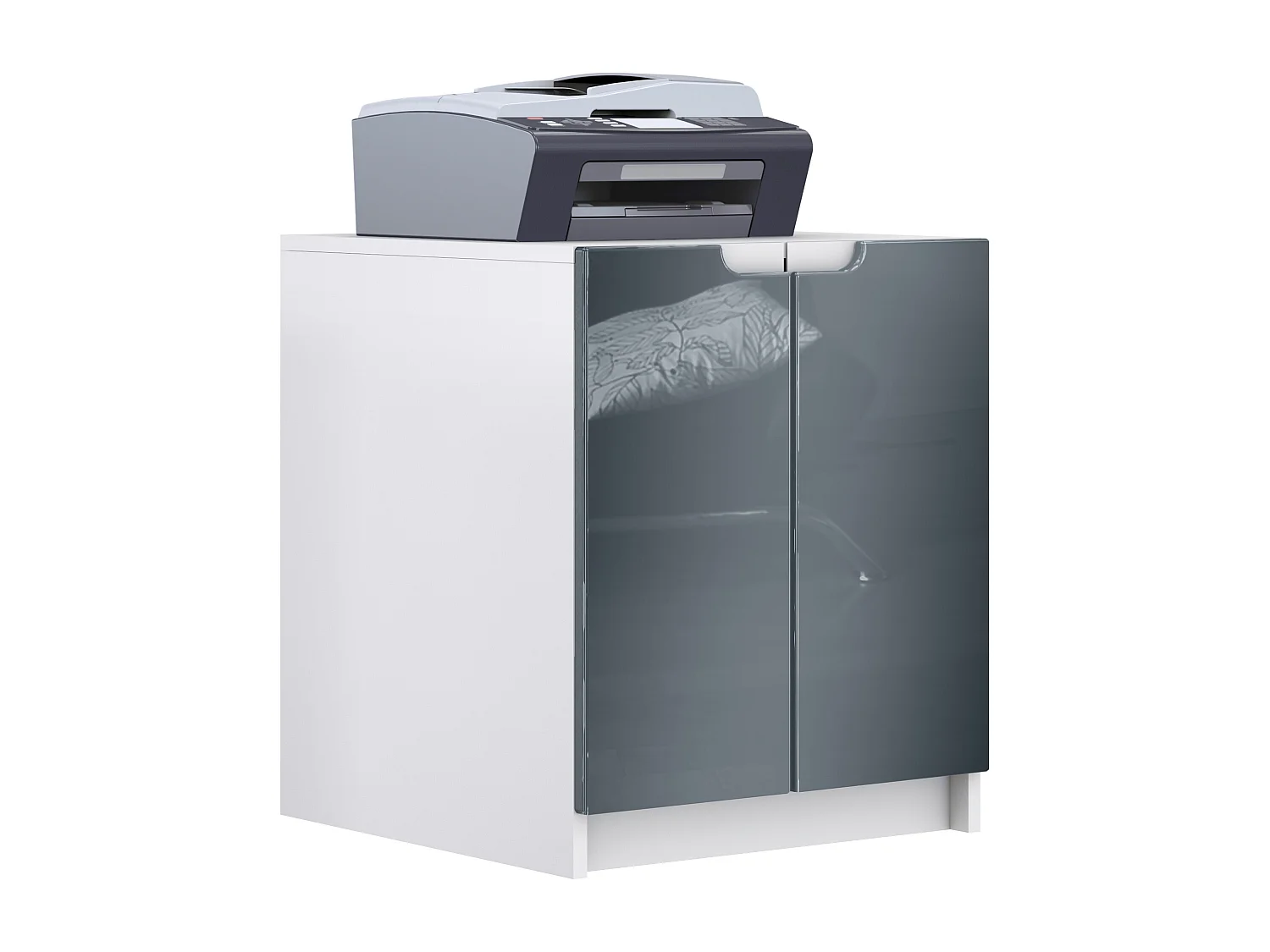commode d'imprimante Logan, armoire à dossiers avec 2 compartiments et 2 portes, corps blanc mat, façades gris haute brillance, (51 x 60,5 x 54 cm)