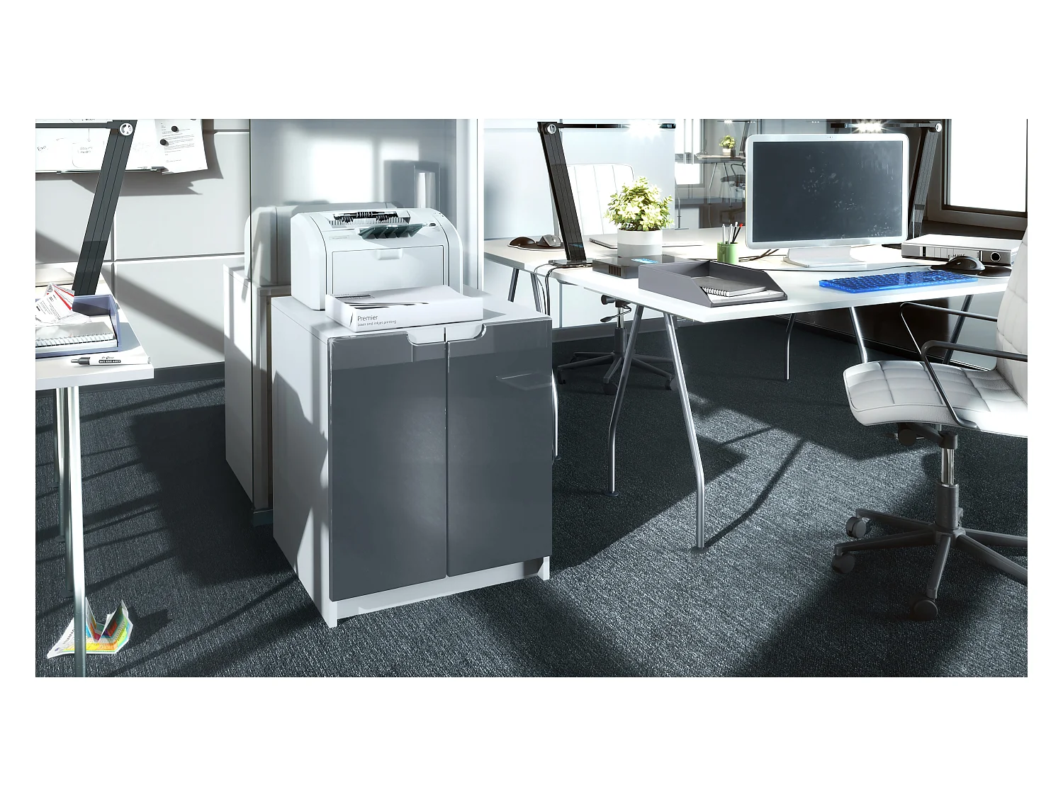 commode d'imprimante Logan, armoire à dossiers avec 2 compartiments et 2 portes, corps blanc mat, façades gris haute brillance, (51 x 60,5 x 54 cm)