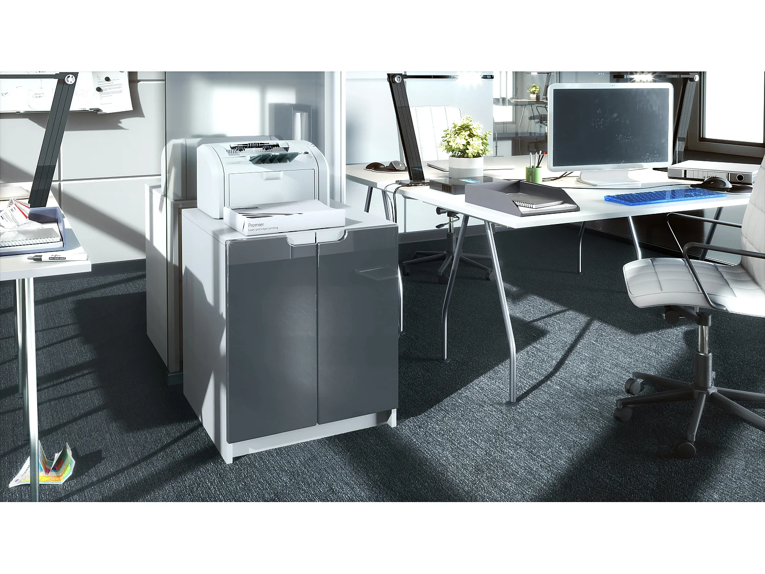 Mobiletto porta stampante Logan, armadietto schedario con 2 scomparti e 2 ante, cassa bianco opaco, frontali grigio lucido, (51 x 60,5 x 54 cm)