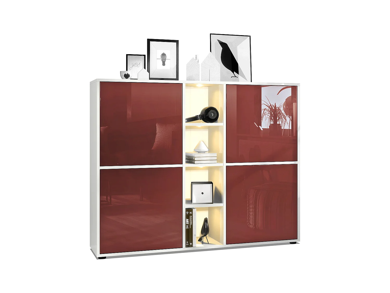 Highboard Cuba V3, blanc mat/bordeaux haute brillance y compris LED - Buffet moderne à 12 compartiments (130,5 x 105,5 x 35,5 cm)